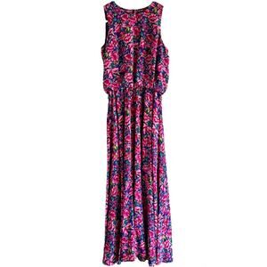 Vintage Adrianna Papell Maxi Dress 100% Silk Blouson Floral Tropical Pink 4P